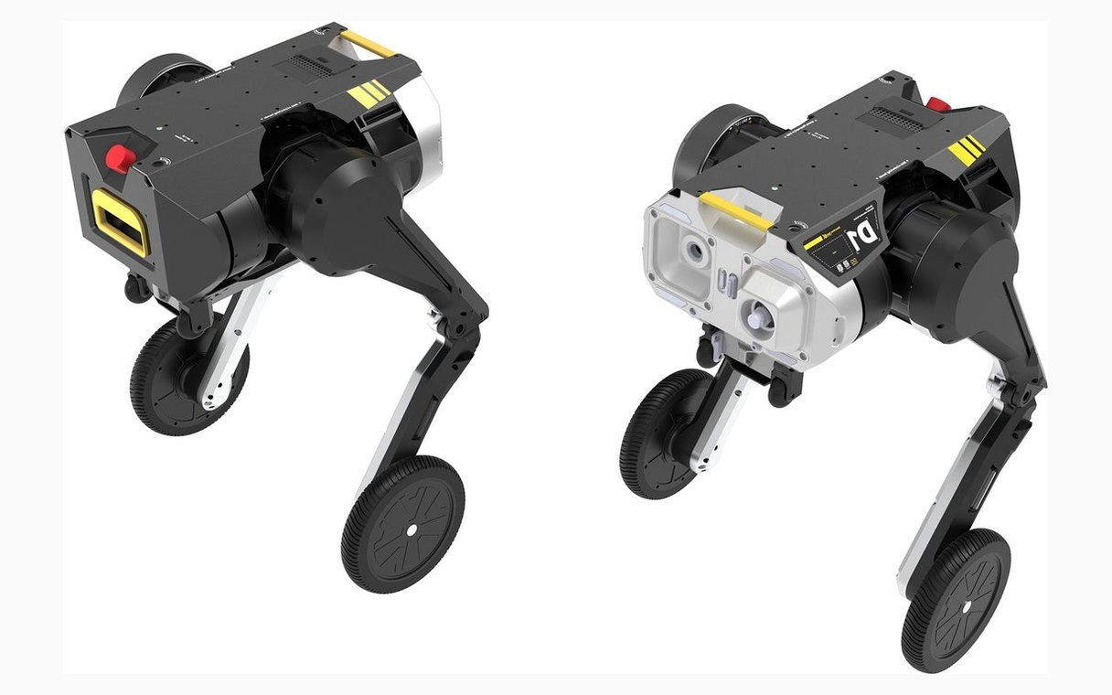 Direct Drive Technology D1 robot — biped halves and joined quadruped